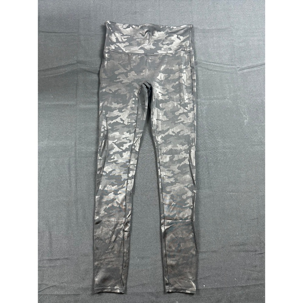 Spanx Faux Leather Camo Leggings Black Grey Camouflage High Waist Womens Size M
